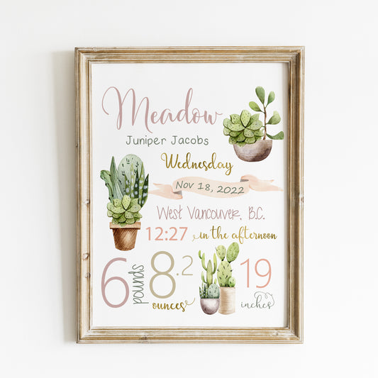 Birth announcement | Baby shower gift, Cactus wall art | Newborn gift